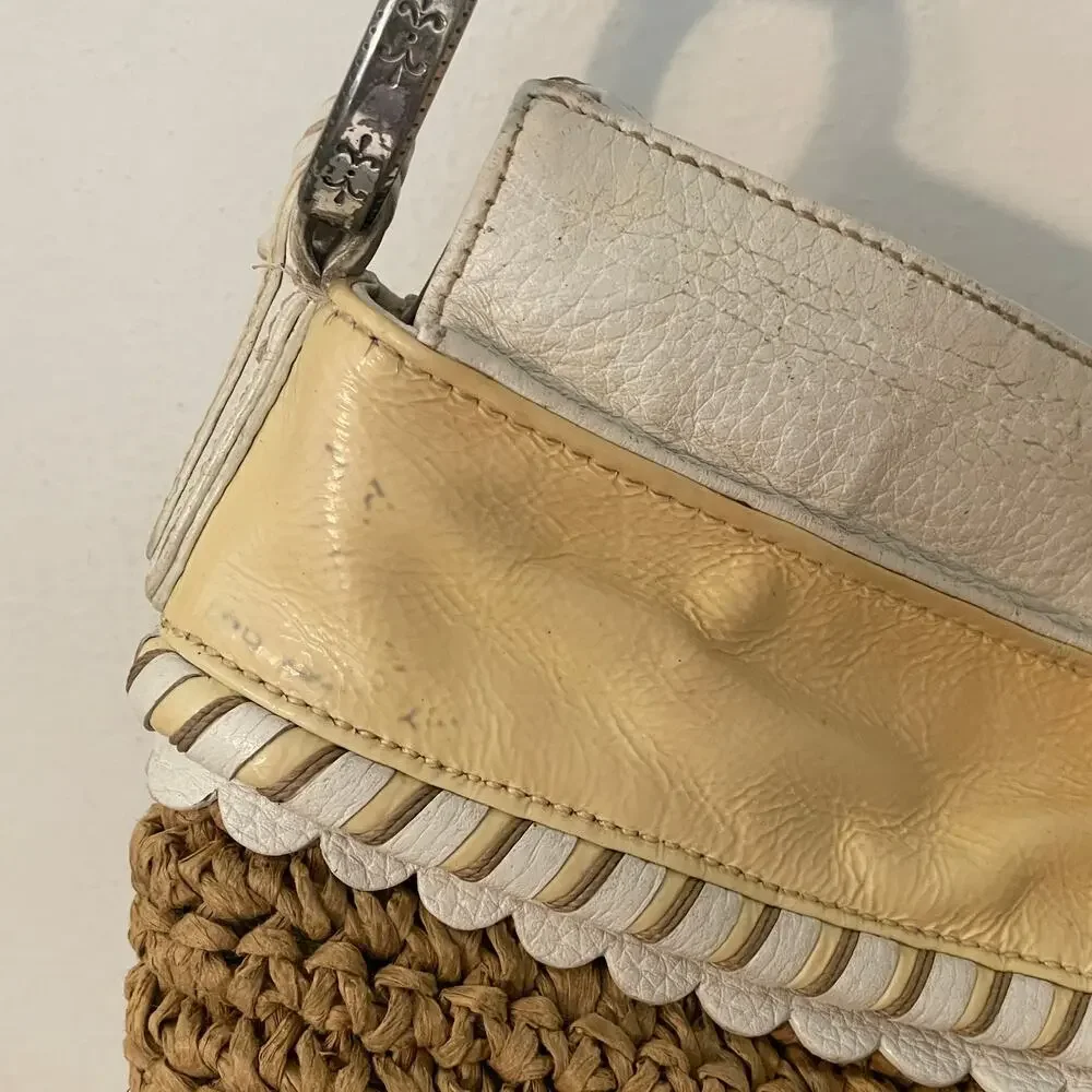 Brighton Vintage Straw Bag Womens Yellow & Ivory Leather Trim Hobo Shoulder